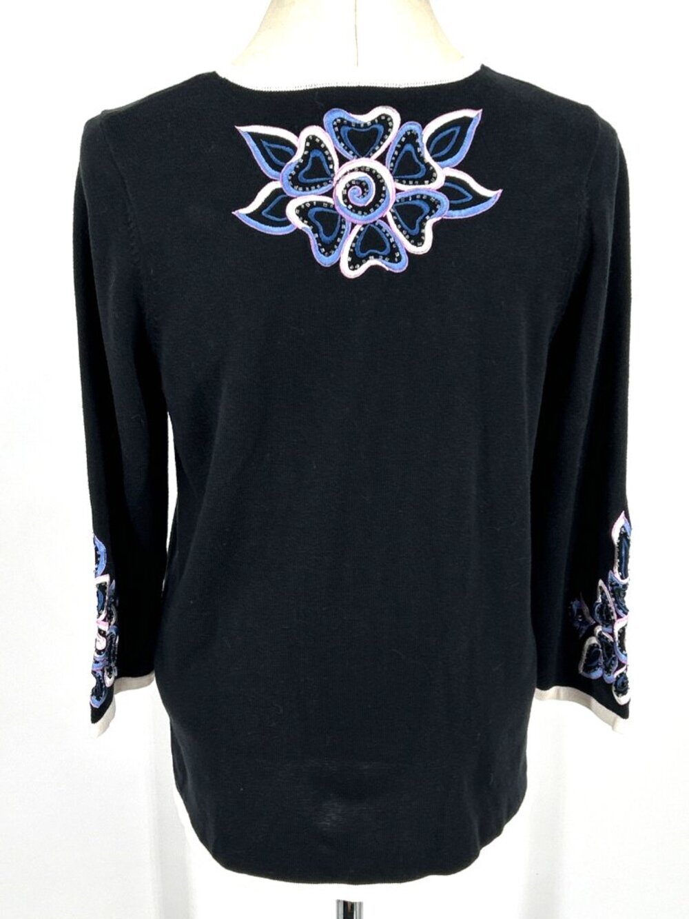 Bob Mackie Wearable Art Cardigan Sz S Sweater Black Embroidered Cut Out - Picture 5 of 7